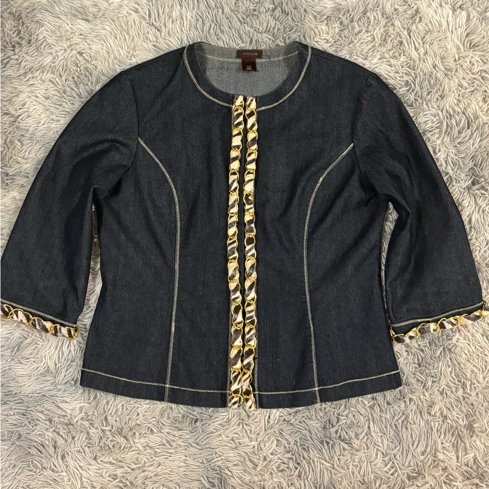 Vintage Denim Jacket with Gold and Animal Print Accents
